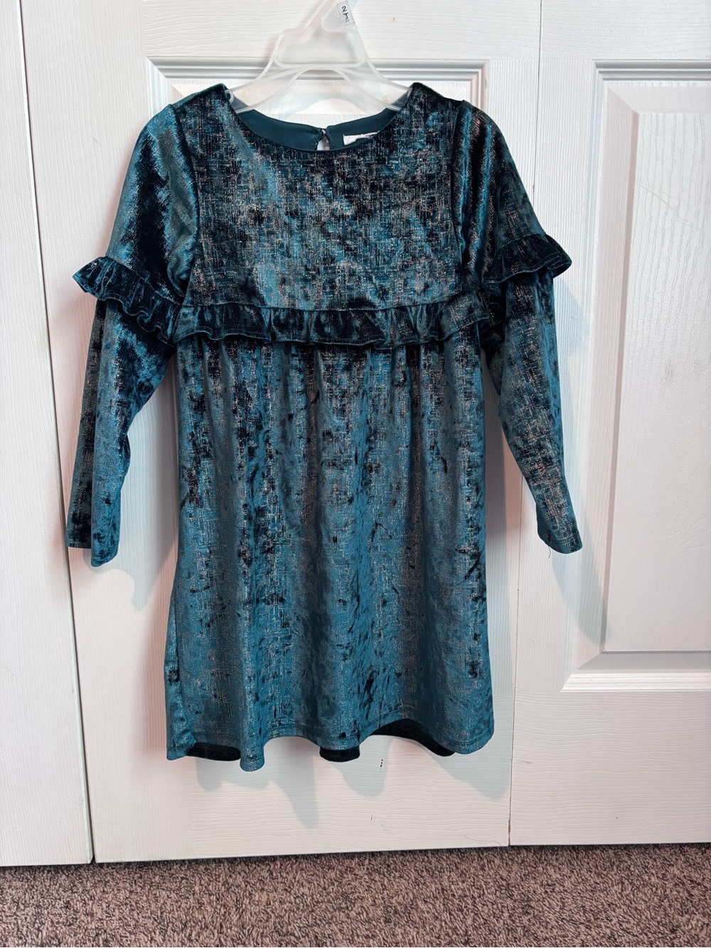Velvet Ruffle Long Sleeve Dress in Teal